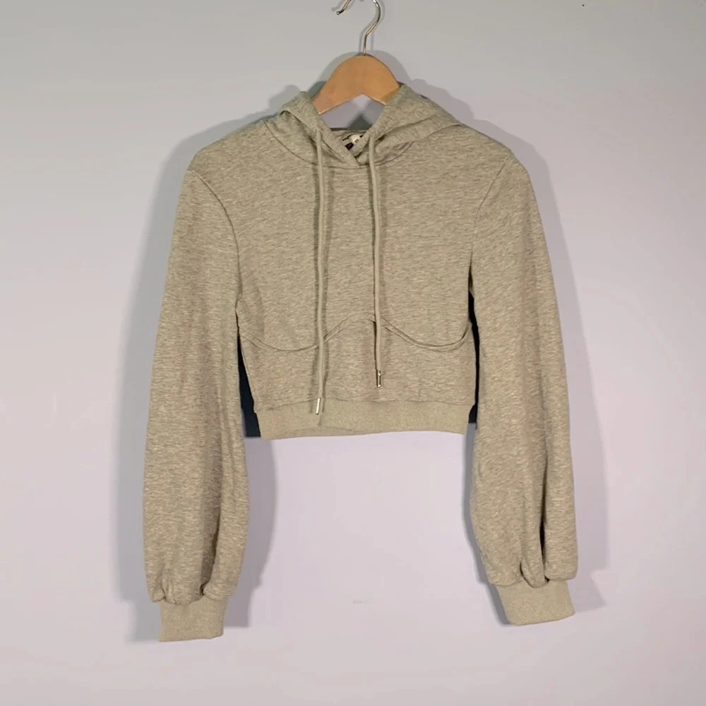 Superdown Christine crop balloon sleeve gray hoodie pull over size xs sweatshirt